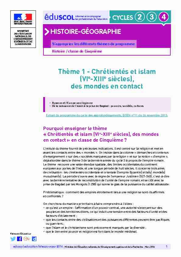 histoire-géographie Thème 1 - Chrétientés et islam (VIe-XIIIe siècles