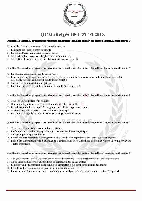 QCM dirigés UE1 21.10.2018