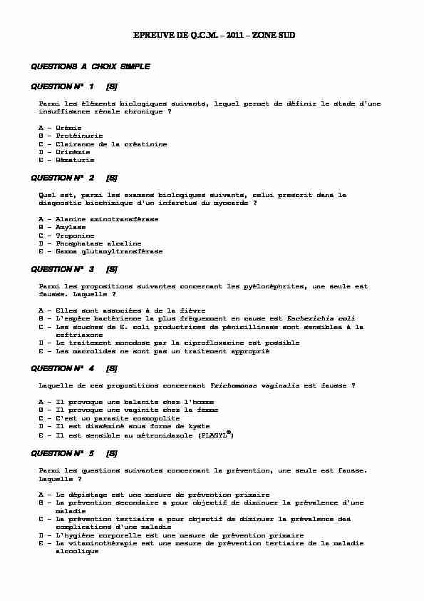 [PDF] EPREUVE DE QCM – 2011 – ZONE SUD - CNCI