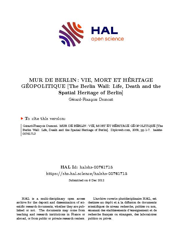 MUR DE BERLIN: VIE MORT ET HÉRITAGE GÉOPOLITIQUE [The