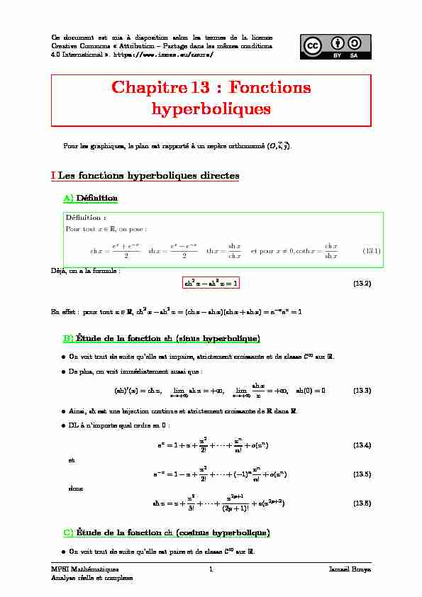 [PDF] Chapitre13 : Fonctions hyperboliques - Melusine