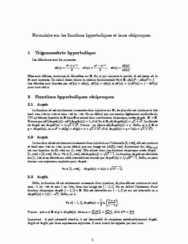 Formulaire sur les fonctions hyperboliques et leurs réciproques. 1