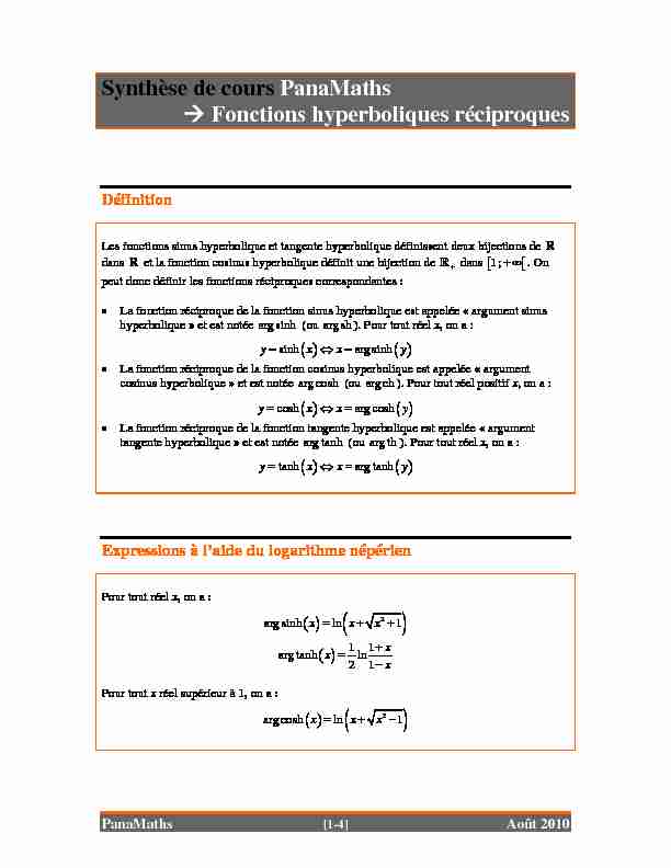[PDF] Fonctions hyperboliques réciproques - PanaMaths