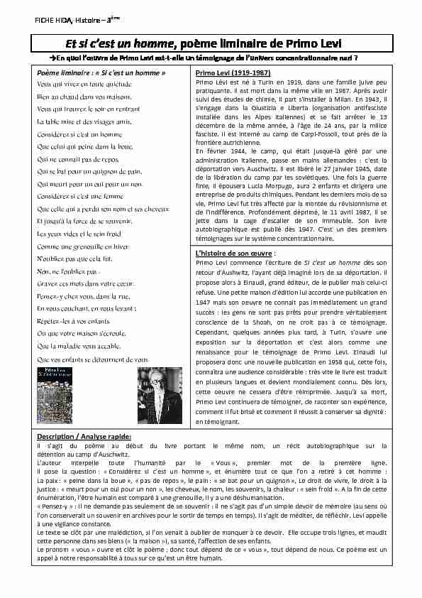 [PDF] Et si cest un homme poème liminaire de Primo Levi