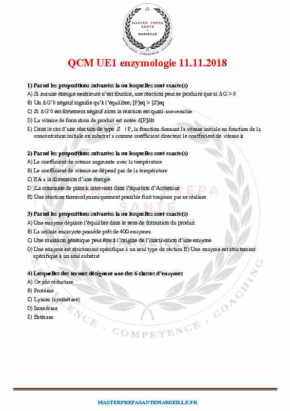 [PDF] QCM UE1 enzymologie 11112018 - Master prepa santé Marseille