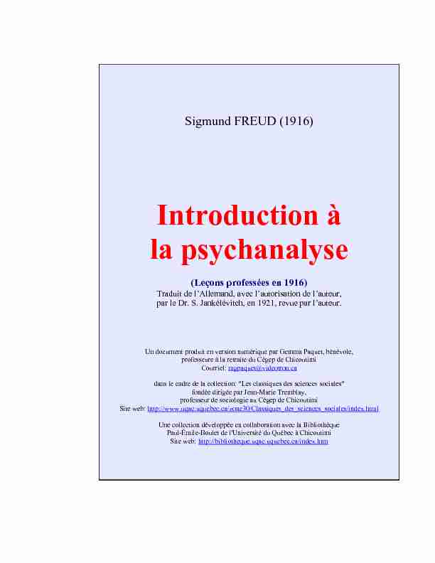 [PDF] Introduction à la psychanalyse - Psychaanalyse