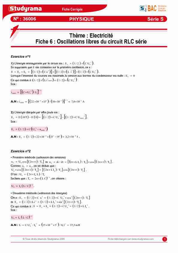 [PDF] Oscillations libres du circuit RLC série - Studyrama