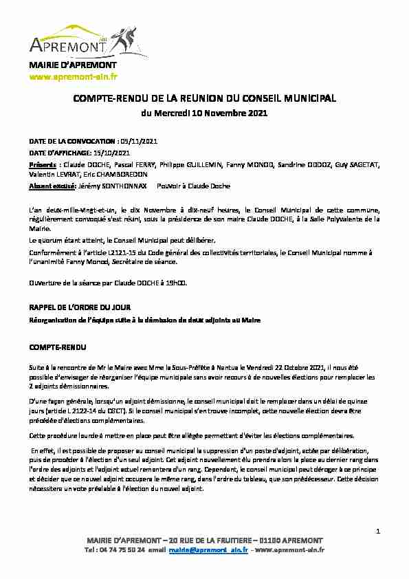 COMPTE-RENDU DE LA REUNION DU CONSEIL MUNICIPAL