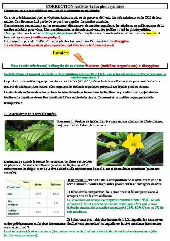 [PDF] CORRECTION Activité 4 : La photosynthèse