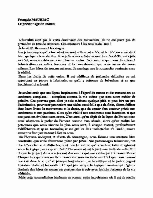 [PDF] François Mauriac : Le personnage de roman - Site Magister