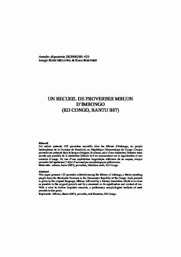 UN RECUEIL DE PROVERBES MBUUN DIMBONGO (RD CONGO