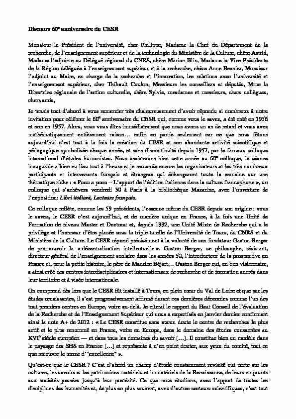 [PDF] Discours 60e anniversaire du CESR Monsieur le Président  - CNRS