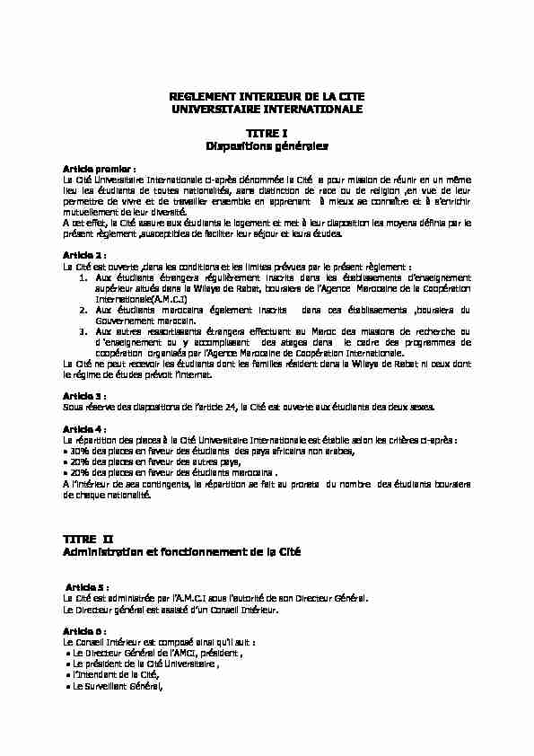 [PDF] REGLEMENT INTERIEUR DE LA CITE UNIVERSITAIRE  - Jamiati
