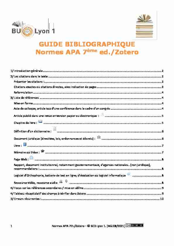 GUIDE BIBLIOGRAPHIQUE Normes APA 7ème ed./Zotero