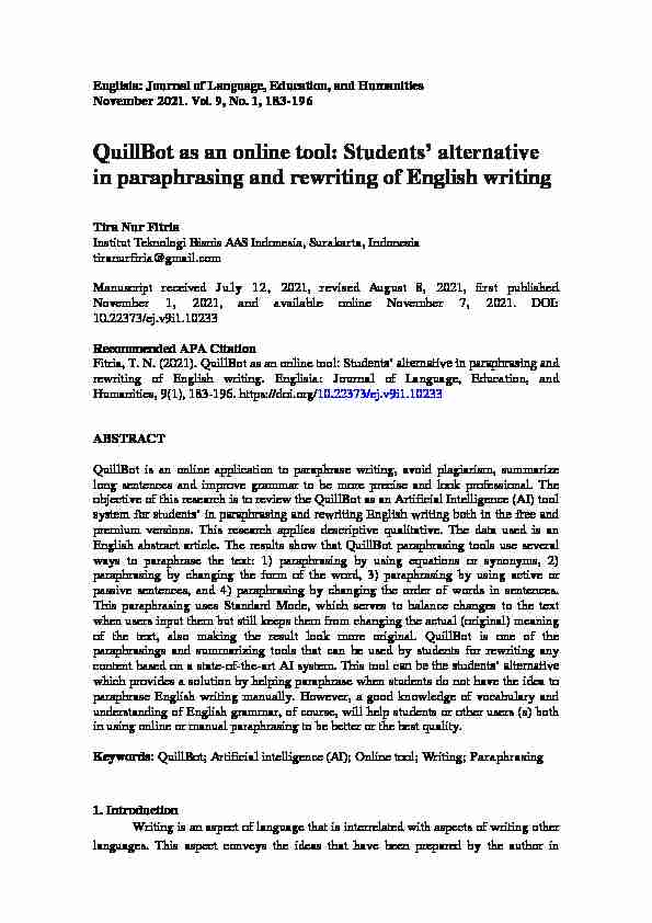 QuillBot as an online tool: Students alternative in paraphrasing and