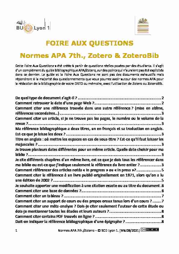 FOIRE AUX QUESTIONS Normes APA 7th. Zotero & ZoteroBib