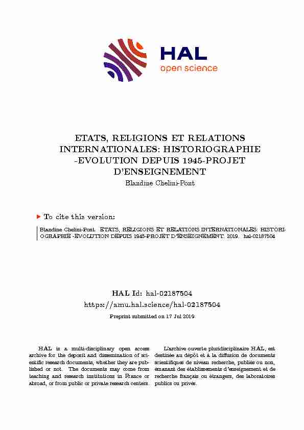 ETATS RELIGIONS ET RELATIONS INTERNATIONALES