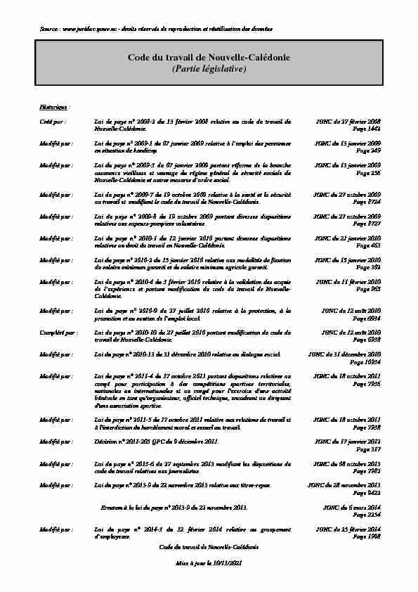 Code du travail de Nouvelle-Calédonie (Partie législative)