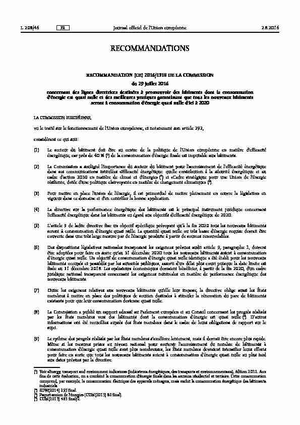 RECOMMANDATION (UE) 2016/ 1318 DE LA COMMISSION - du 29