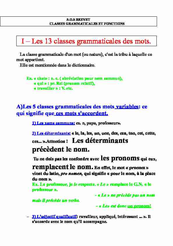 [PDF] I – Les 13 classes grammaticales des mots précèdent le nom