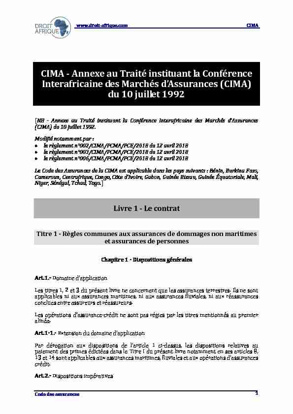 CIMA - Code des assurances (www.droit-afrique.com)