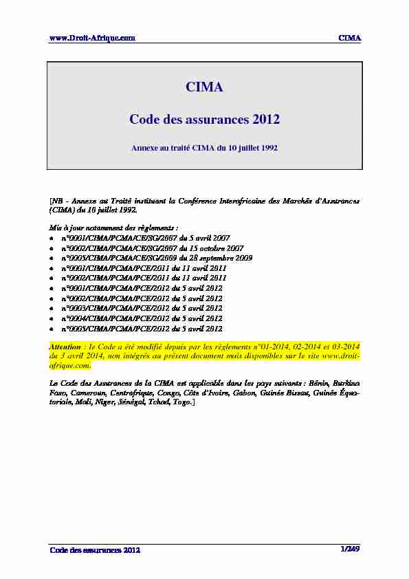 [PDF] CIMA - Code des assurances mis a jour 2012 (wwwdroit-afriquecom)