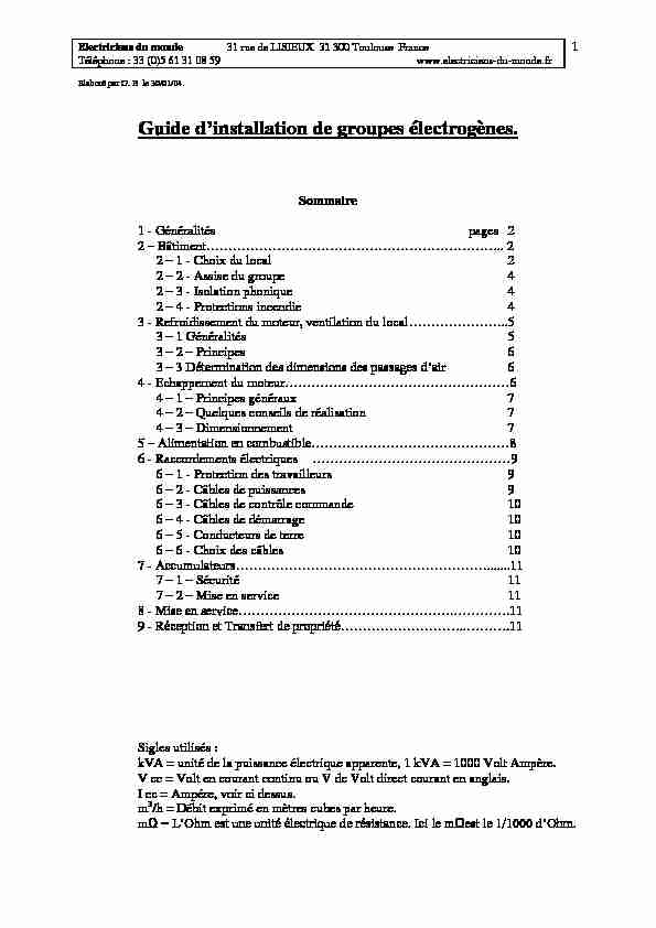 [PDF] Guide dinstallation de groupes électrogènes - Electriciens du Monde