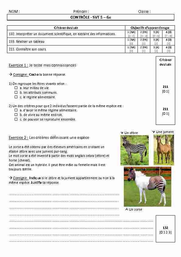[PDF] Prénom : Classe : CONTRÔLE - SVT 5 – 6e Exercice 1