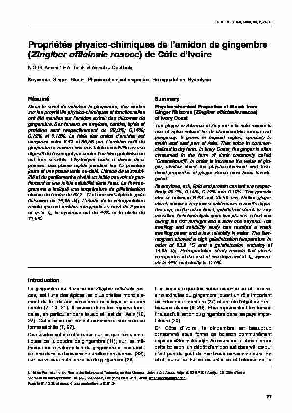 Propriétés physico-chimiques de lamidon de gingembre (Zingiber