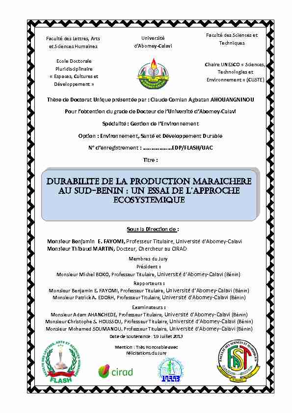 DURABILITE DE LA PRODUCTION MARAICHERE AU SUD-BENIN