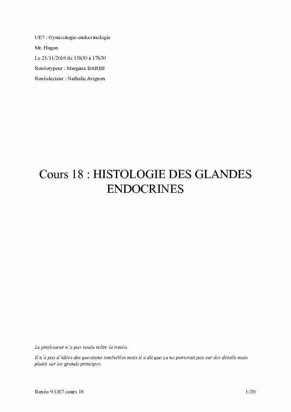 Cours 18 : HISTOLOGIE DES GLANDES ENDOCRINES