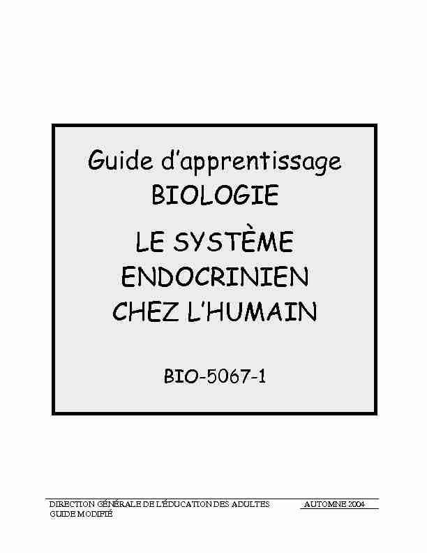 Guide dapprentissage BIOLOGIE LE SYSTÈME ENDOCRINIEN