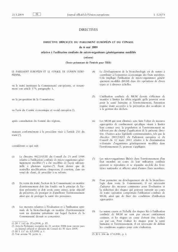 Directive 2009/41/CE du Parlement Européen et du Conseil du 6