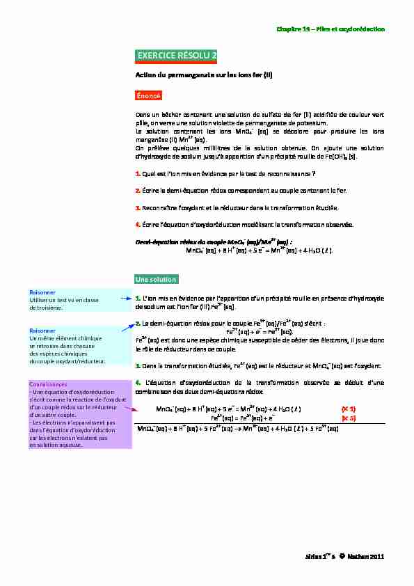 EXERCICE RÉSOLU 2 - Action du permanganate sur les ions fer (II)