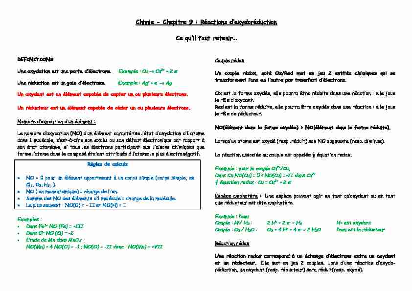 [PDF] Chimie - Chapitre 9 : Réactions doxydoréduction Ce quil faut retenir