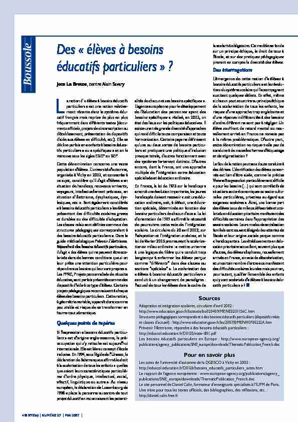 [PDF] Des « élèves à besoins éducatifs particuliers » ? - Centre Alain Savary