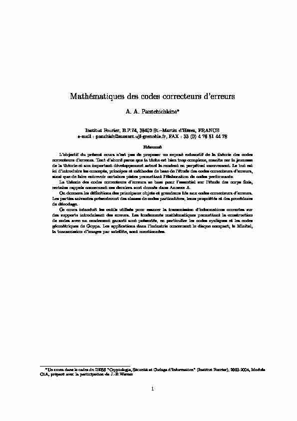 [PDF] Mathématiques des codes correcteurs derreurs - Institut Fourier