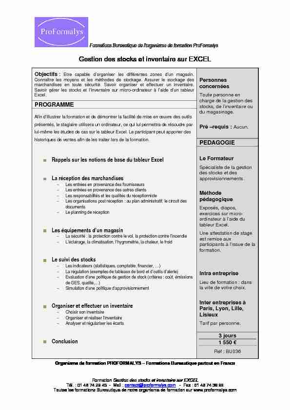 [PDF] Gestion des stocks et inventaire sur EXCEL - ProFormalys