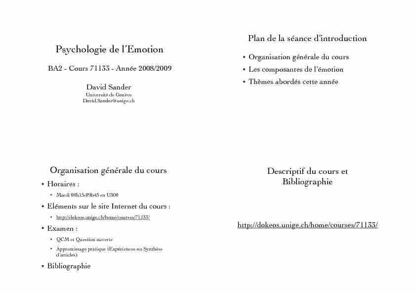 [PDF] Psychologie de lEmotion - Université de Genève