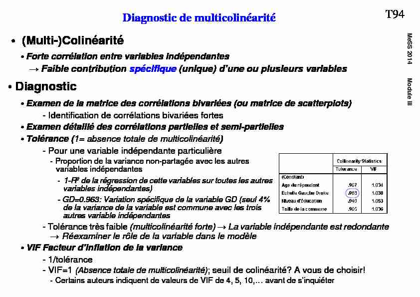 T94 Diagnostic de multicolinéarité • (Multi-)Colinéarité • Diagnostic