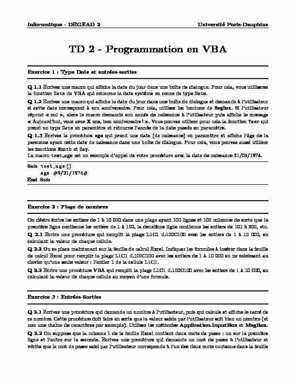 TD 2 - Programmation en VBA