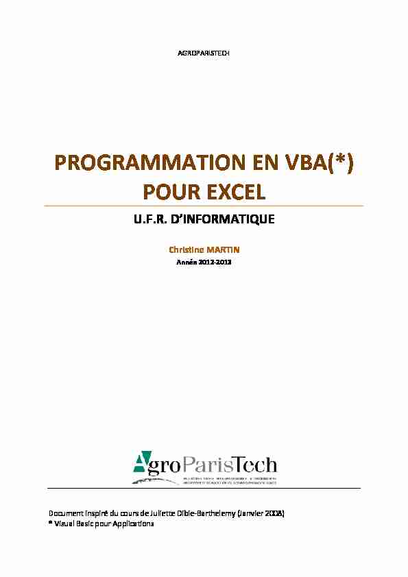 PROGRAMMATION EN VBA(*) POUR EXCEL - pdfbibcom