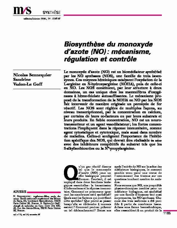 Biosynthèse du monoxyde dazote (NO): mécanisme régulation et