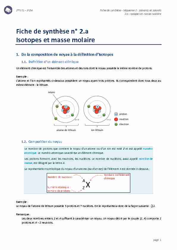 Fiche de synthèse n° 2.a Isotopes et masse molaire