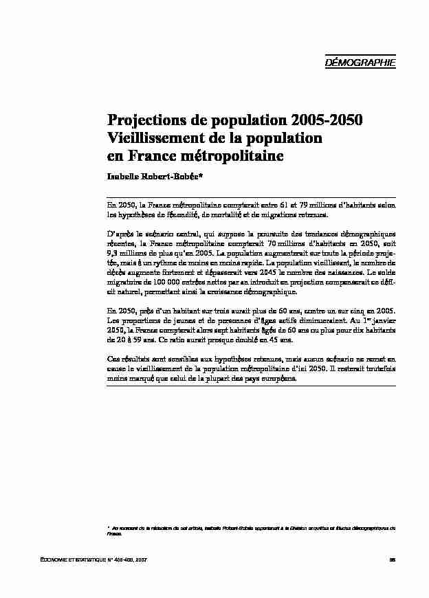 Projections de population 2005-2050 Vieillissement de la