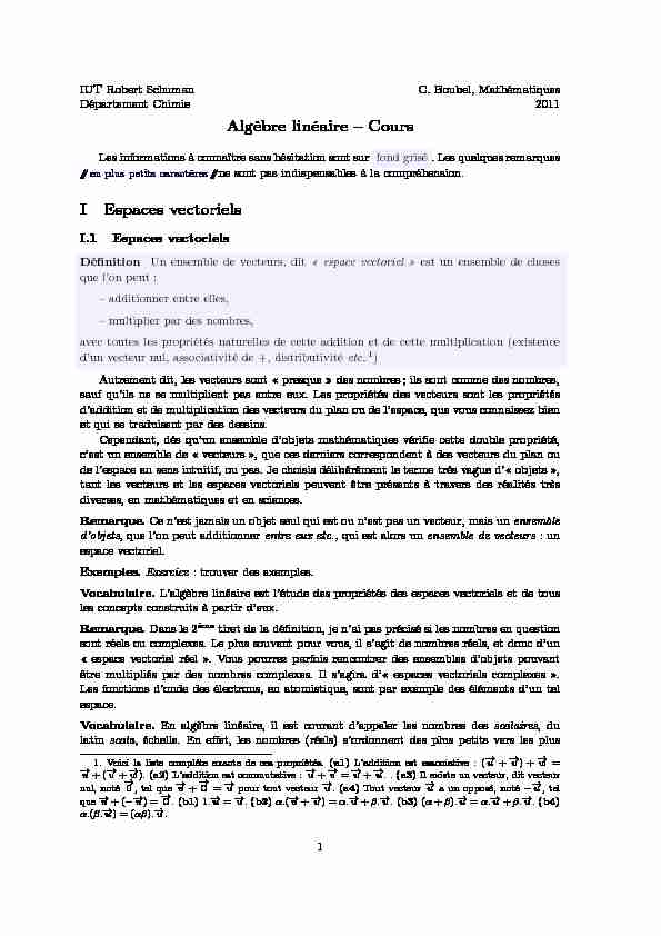 [PDF] Algèbre linéaire – Cours I Espaces vectoriels - IRMA Strasbourg