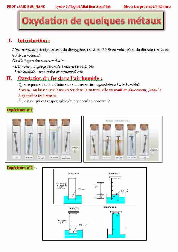 I. Introduction : II. Oxydation du fer dans lair humide :