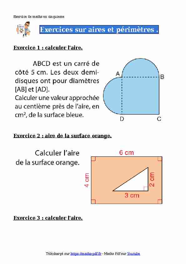 Aires et périmètres : exercices de maths en PDF en cinquieme à