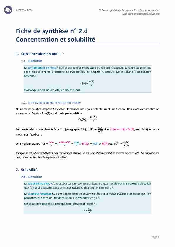 Fiche de synthèse n° 2.d Concentration et solubilité