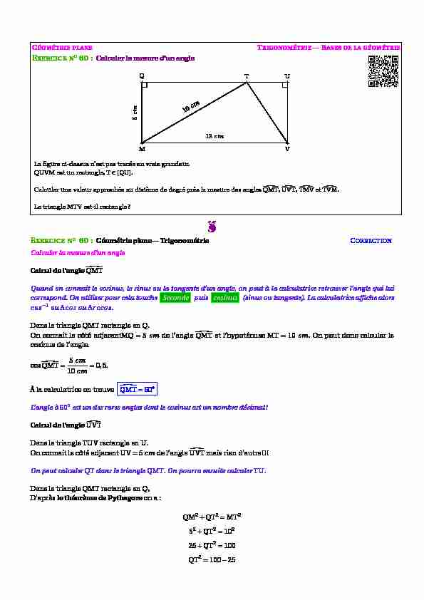 Calculer la mesure dun angle EXERCICE NO 60 : Géométrie plane